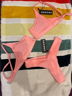 ONEONE Coral Pink Bikini Set — Triangle Top & High-Cut Bottoms